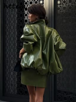 Street Zipper Leather Jackets Skirts Sets Women Loose Stand Collar Full Sleeve Coat Straight Skirt 2025 Autumn Winter Lady Suit