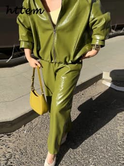 Street Zipper Leather Jackets Skirts Sets Women Loose Stand Collar Full Sleeve Coat Straight Skirt 2025 Autumn Winter Lady Suit