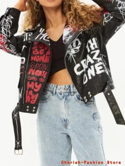 2025 Women Autumn Winter Faux Soft Leather Jackets Coats Lady White Black PU Rivet Zipper Epaulet 3D Print Motorcycle Streetwear