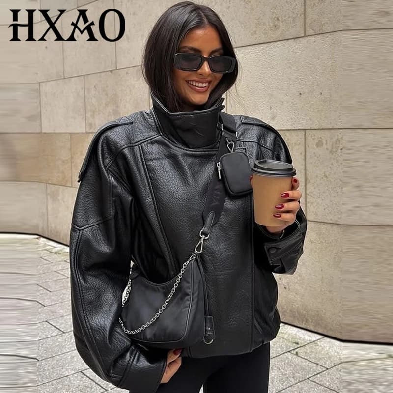 HXAO Women's Jackets Black Faux Leather Jacket Woman 2025 Asymmetric Long Sleeve Outerwears New In Coats & Jackets Biker Jacket