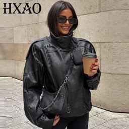 HXAO Women's Jackets Black Faux Leather Jacket Woman 2025 Asymmetric Long Sleeve Outerwears New In Coats & Jackets Biker Jacket