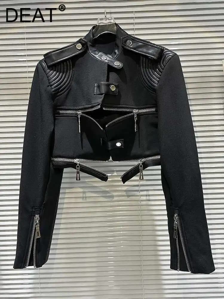 DEAT 2024 Autumn Fashion Zipper Design Stand Collar PU Leather Coat For Women Long Sleeve O-neck Shoulder Pad Jacket 11XX6865