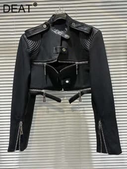 DEAT 2024 Autumn Fashion Zipper Design Stand Collar PU Leather Coat For Women Long Sleeve O-neck Shoulder Pad Jacket 11XX6865