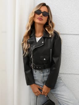 Women Faux Leather Cropped Jacket Lapel Zipper Biker Short Bomber Moto Coat with Belt