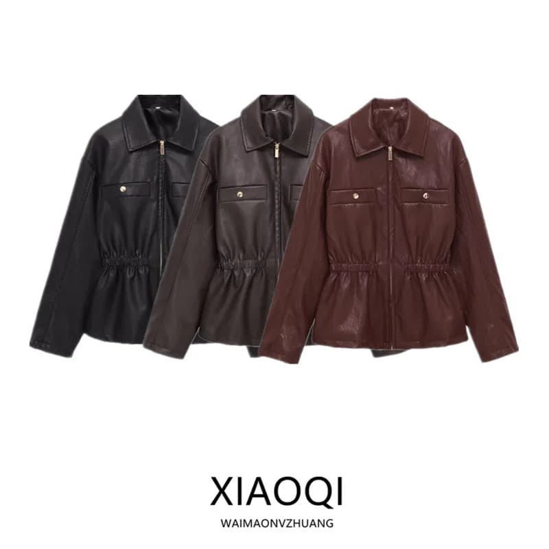 Winter 2025 Women's Fashion Leather Jacket Elastic Waistcoat Zipper Closure Long Sleeve Turn-down Collar Novelty Outerwear