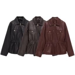 Winter 2025 Women's Fashion Leather Jacket Elastic Waistcoat Zipper Closure Long Sleeve Turn-down Collar Novelty Outerwear