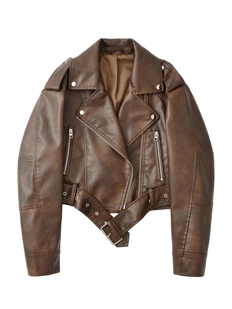 Ailegogo New Spring Autumn Women Vintage Loose Belt Zipper Faux Leather Jacket Streetwear Retro Female Coat Moto Biker Outwear