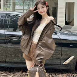 Retro American Brown Leather Jacket Women Early Autumn Black Cool Motorcycle PU Leather Loose Long Sleeve Top