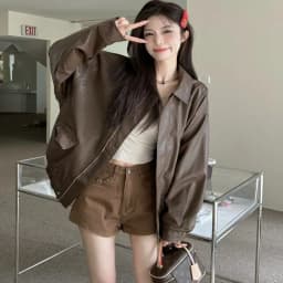 Retro American Brown Leather Jacket Women Early Autumn Black Cool Motorcycle PU Leather Loose Long Sleeve Top