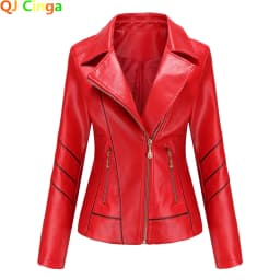 Red PU Faux Leather Jacket Women Fashion Casual Biker Jackets Outwear Female Tops Spring and Autumn Black Leather Jacket Coat