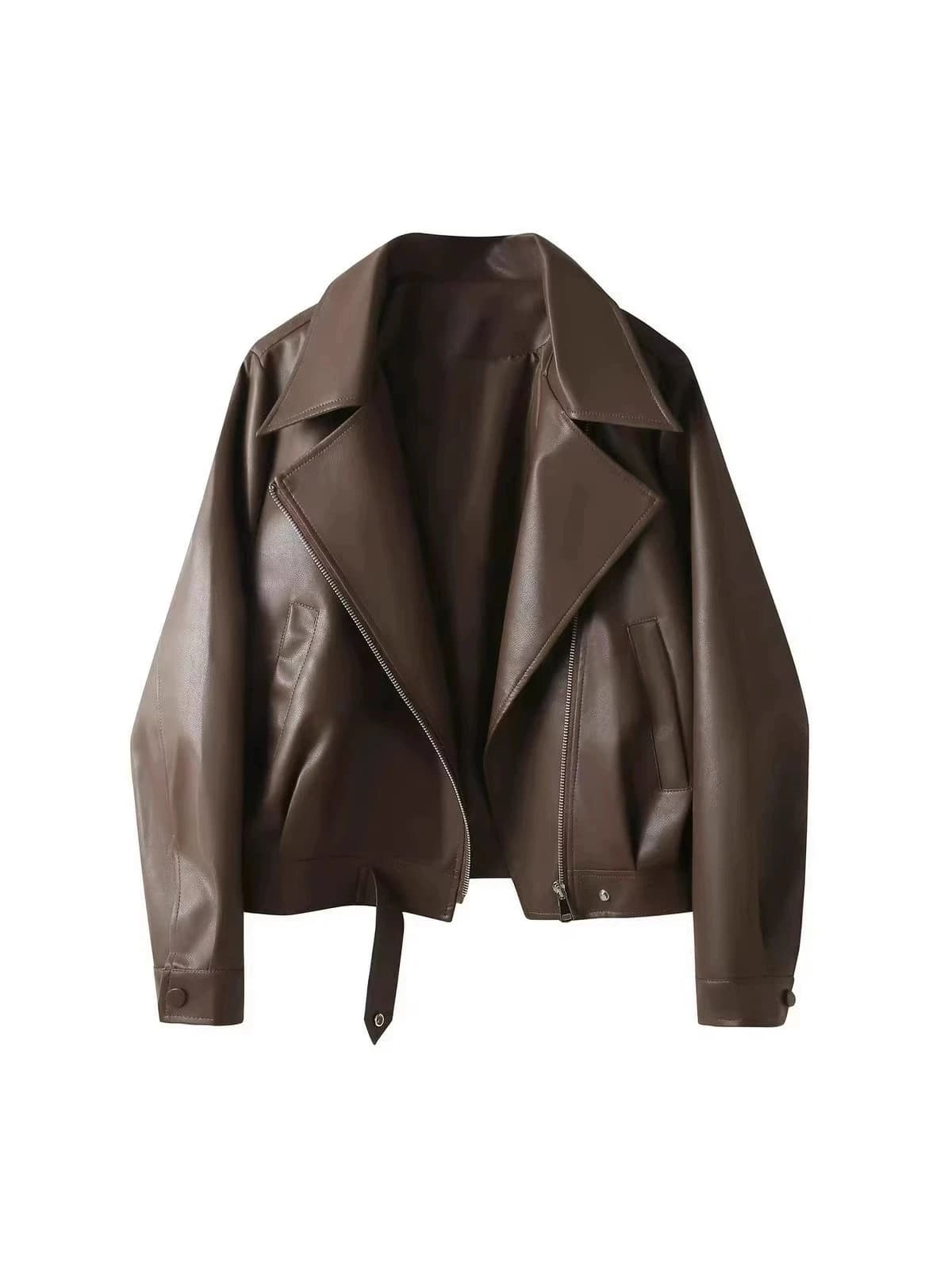New Cropped Leather Jacket Women Notch Collar Asymmetric Zip Zip Pockets Oversize Solid Street Spring Fall Trendy