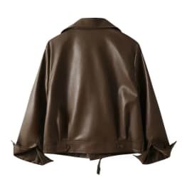 New Cropped Leather Jacket Women Notch Collar Asymmetric Zip Zip Pockets Oversize Solid Street Spring Fall Trendy