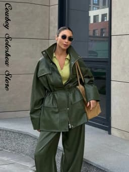 Women Waist Cinching Leather Jacket Solid Stand Neck Zipper Pocket Loose Jackets Lady New Vintage Fashion Street Outwear 2026