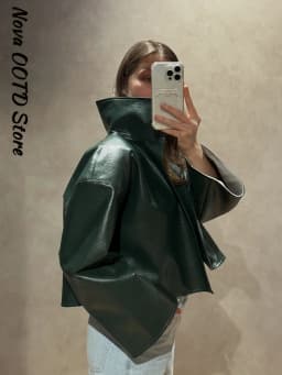 Fashion Faux Leather Jacket Women Solid Stand Neck Full Sleeve Loose Cropped Coats Lady New Causal Chic Autumn Outwear 2026