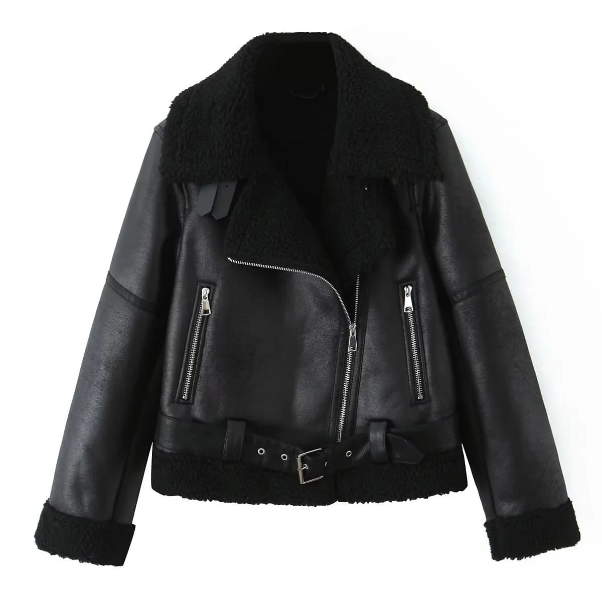 Women's Fashionable Casual Thickened PU Cotton Jacket Leather Coat H2501 Versatile Style Zipper Loose Fit Long Sleeve Coat