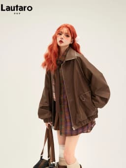 Lautaro Spring Autumn Cool Retro Oversized Distressed Black Soft Faux Leather Jackets for Women Zipper Maillard Style Clothes