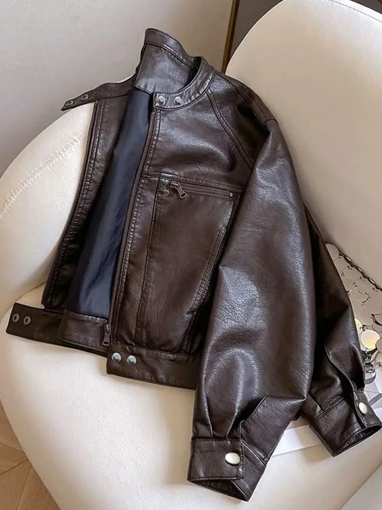American Locomotive Clothing Short PU Leather Jacket Women's 2025 Spring And Autumn New Small Design Stand-Up Collar Jacket tide