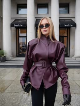 Lady Retro Burgundy Belted Leather Jacket Fashion Solid Stand Collar Long-sleeved Cropped Coat 2026 Women Daily Street Outerwear