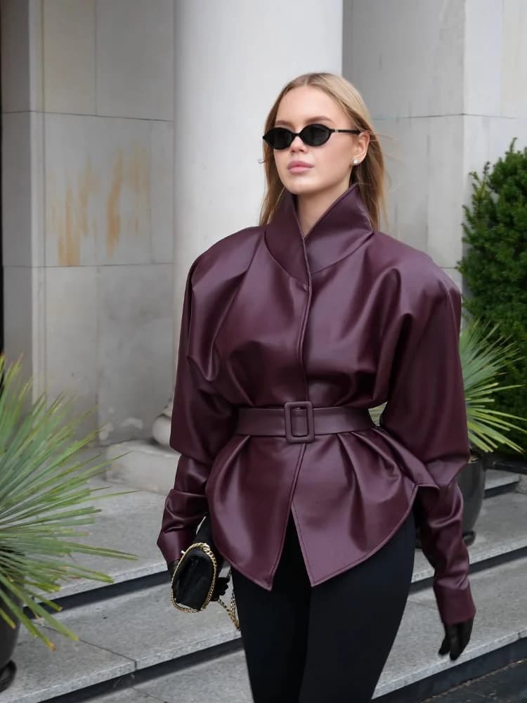 Lady Retro Burgundy Belted Leather Jacket Fashion Solid Stand Collar Long-sleeved Cropped Coat 2026 Women Daily Street Outerwear