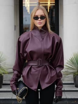 Lady Retro Burgundy Belted Leather Jacket Fashion Solid Stand Collar Long-sleeved Cropped Coat 2026 Women Daily Street Outerwear