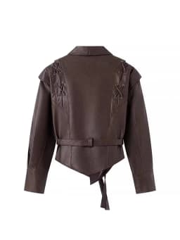 Mauroicardi Spring Autumn Short Retro Brown Pu Leather Jacket Women Sashes Lace Up Luxury Designer Emo Clothes European Fashion