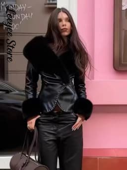 Black Fur Collar Leather Jacket Women Chic Solid Full Sleeves Waist Cinching V-neck Short Coat 2026 Lady High Street Outerwear