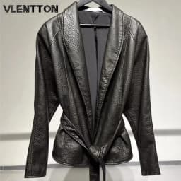 High Quality Women Brown Faux Leather Jacket With Belted Blazer Coat Textured Peplum Waist Casual Outerwear Autumn Winter