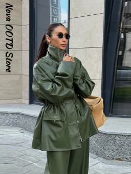 Street Waist Cinching Leather Jacket Women Loose Solid Stand Collar Zipper Pocket Jackets 2026 Spring Lady New Fashion Outwear