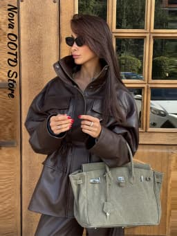 Street Waist Cinching Leather Jacket Women Loose Solid Stand Collar Zipper Pocket Jackets 2026 Spring Lady New Fashion Outwear