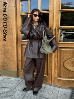 Street Waist Cinching Leather Jacket Women Loose Solid Stand Collar Zipper Pocket Jackets 2026 Spring Lady New Fashion Outwear