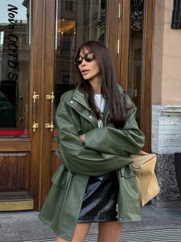Street Waist Cinching Leather Jacket Women Loose Solid Stand Collar Zipper Pocket Jackets 2026 Spring Lady New Fashion Outwear