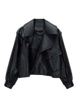 Ailegogo High Street Women Lapel Loose Pu Faux Leather Short Jacket Spring Autumn Female Big Pocket Belt Coat Moto Biker Outwear
