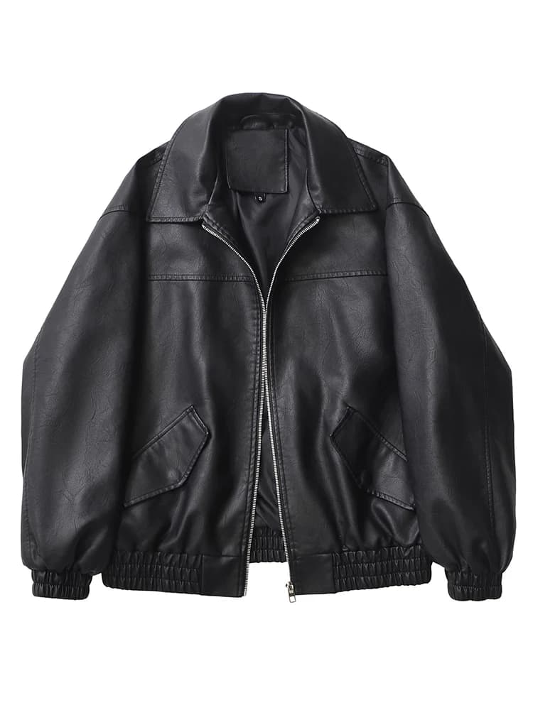 2026 Fashion Streetwear Women Retro Loose Black PU Faux Leather Jacket Spring Autumn Lady Vintage Zipper Coat Moto Biker Outwear