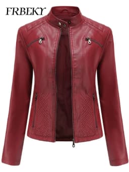 Women coat Autumn New Casual Leather Jacket Standing Collar Long Sleeve Jacket Slim Solid Color Coat Streetwear Zipper Jacket