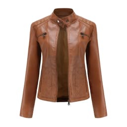 Women coat Autumn New Casual Leather Jacket Standing Collar Long Sleeve Jacket Slim Solid Color Coat Streetwear Zipper Jacket