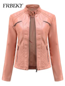 Women coat Autumn New Casual Leather Jacket Standing Collar Long Sleeve Jacket Slim Solid Color Coat Streetwear Zipper Jacket