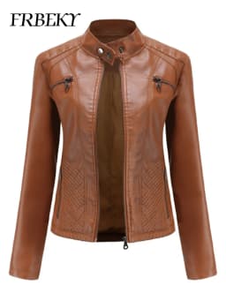 Women coat Autumn New Casual Leather Jacket Standing Collar Long Sleeve Jacket Slim Solid Color Coat Streetwear Zipper Jacket