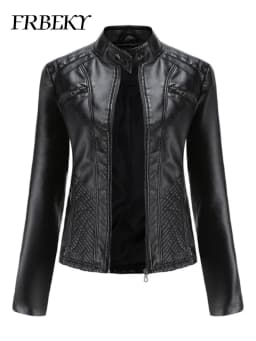 Women coat Autumn New Casual Leather Jacket Standing Collar Long Sleeve Jacket Slim Solid Color Coat Streetwear Zipper Jacket