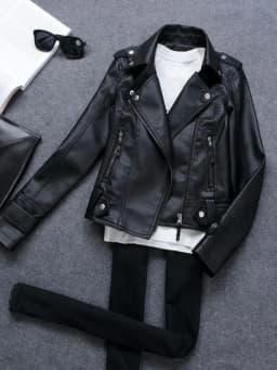 Slim Fit Motorcycle Jacket Zipper Collar Street Style Short Coat Women's Fashion Leather Jacket Long Sleeve Pure Color