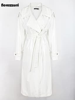 Nerazzurri Autumn Long Loose White Orange Shiny Reflective Patent Leather Trench Coat for Women Sashes Single Breasted Fashion