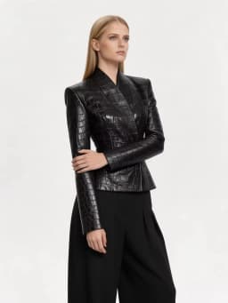 DFDG Women 2026 Spring Summer Faux Leather Blazer Jacket Lapel Zip Up Peplum Hem Slim Fit Elegant Streetwear Outerwear Coat