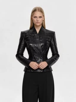 DFDG Women 2026 Spring Summer Faux Leather Blazer Jacket Lapel Zip Up Peplum Hem Slim Fit Elegant Streetwear Outerwear Coat