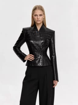 DFDG Women 2026 Spring Summer Faux Leather Blazer Jacket Lapel Zip Up Peplum Hem Slim Fit Elegant Streetwear Outerwear Coat