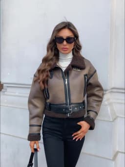 Women's Faux Leather Sherpa Motor Jacket Bomber Aviator Cropped Coat