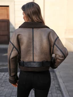 Women's Faux Leather Sherpa Motor Jacket Bomber Aviator Cropped Coat