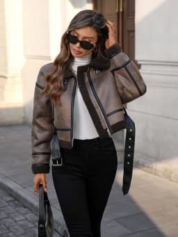 Women's Faux Leather Sherpa Motor Jacket Bomber Aviator Cropped Coat