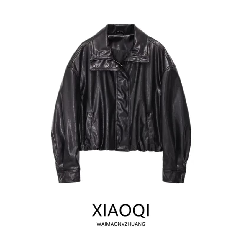 Spring 2026 Women's Fashion High Collar Long Sleeve Faux Leather Jacket Versatile Outerwear Commute Style Zipper Closure