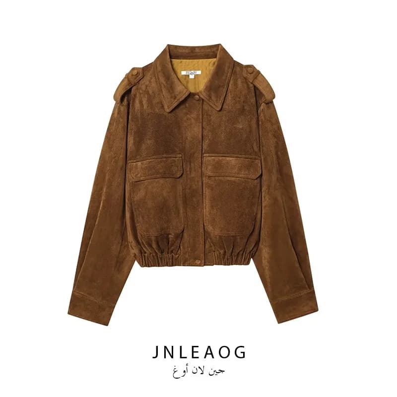JNLEAOG Autumn New Style Women's Retro Suede Workwear Jacket Outerwear Polyester Standard Fit Zipper Closure Ladies Coat