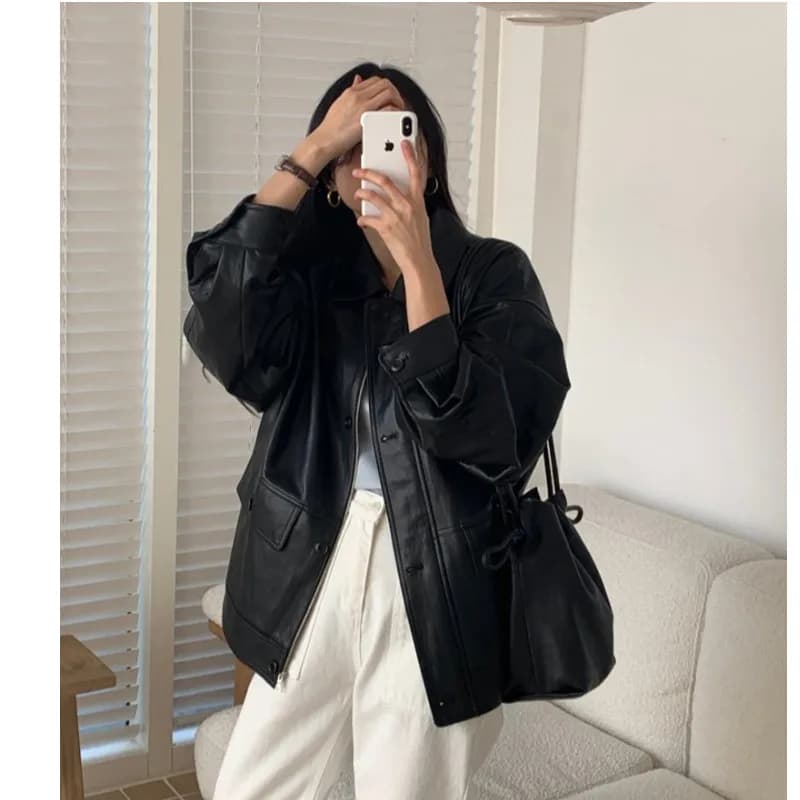 Fall New Women's Casual Loose PU Leather Jacket Zipper Pocket Flip Collar Biker Coat Long Sleeve Fashionable Slimming Outerwear