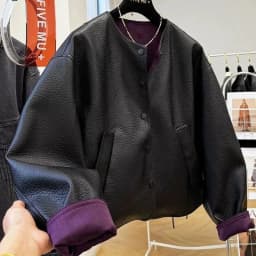 Luxury High-end Patchwork Leather Jacket Women's Spring Autumn PU Leather Coat Vintage O-neck Button Outerwear Long-sleeved Top